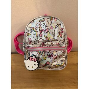 Sanrio Hello Kitty Mini Backpack Silver Iridescent Unicorns & Rainbows NWOT